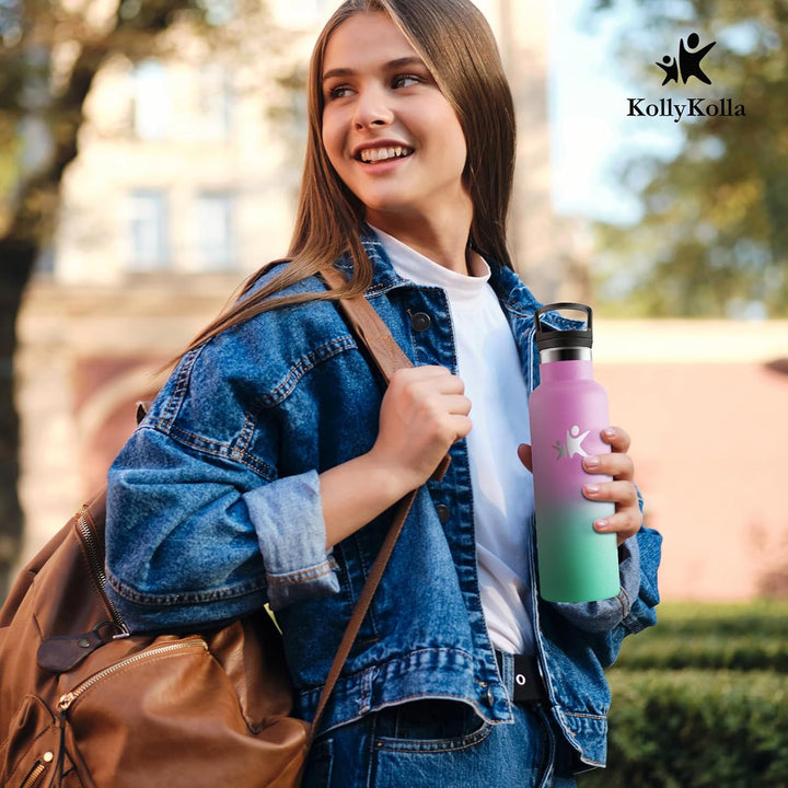 KollyKolla Edelstahl Trinkflasche Kinder 500ml, Vakuum Thermosflasche mit Strohhalm, BPA-Frei Thermo