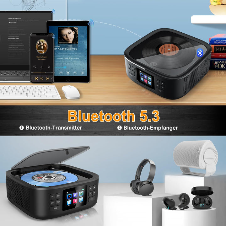 CD Player Tragbar, CCHKFEI Boombox CD Player Bluetooth & Radio FM mit Dual Stereo Lautsprecher LED-B