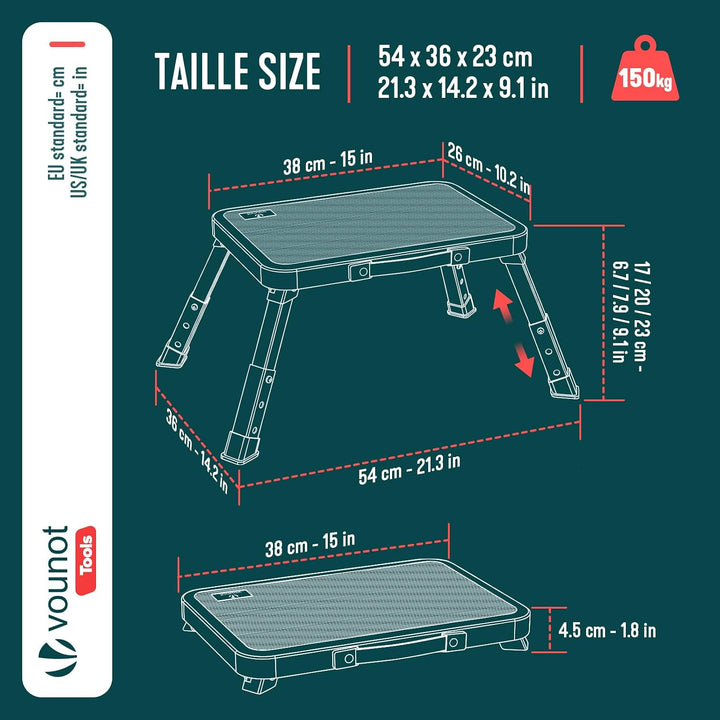 VOUNOT® Metall Tritthocker klappbar, 3-stufig höhenverstellbarer Klapptritt, tragbare Trittstufe mit