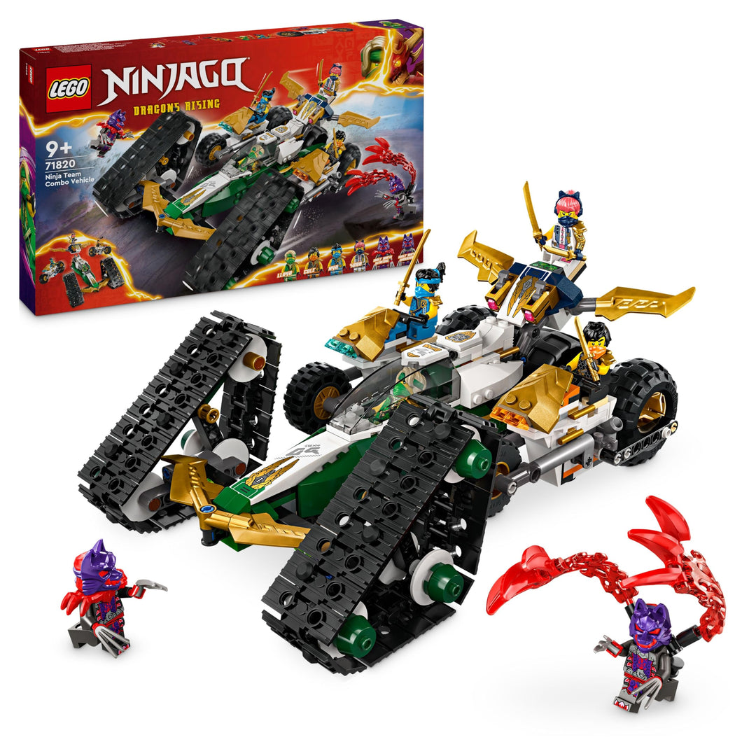 LEGO NINJAGO Kombi-Raupe des Ninja-Teams, 4-in-1-Set mit Gleiter, Rennauto und 2 Motorrädern und 6 M