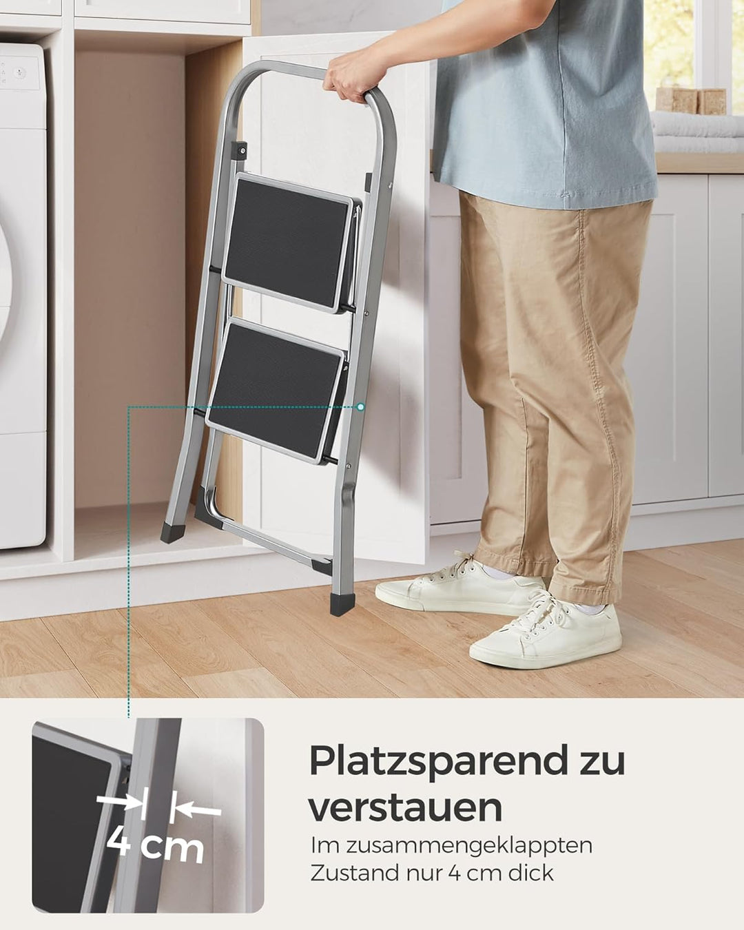 SONGMICS Trittleiter, Leiter mit 2 Stufen, Klapptritt, Klappsicherung, einfach zu verstauen, bis 150