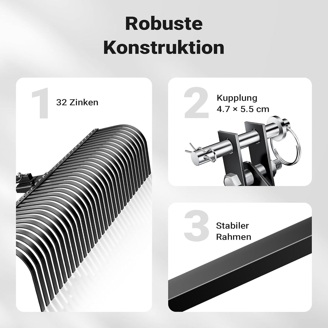 Wiltec Rasentraktor Heuharke mit 152 cm Arbeitsbreite, Heurechen mit 32 Harkenzinken, Rechen mit 3-P