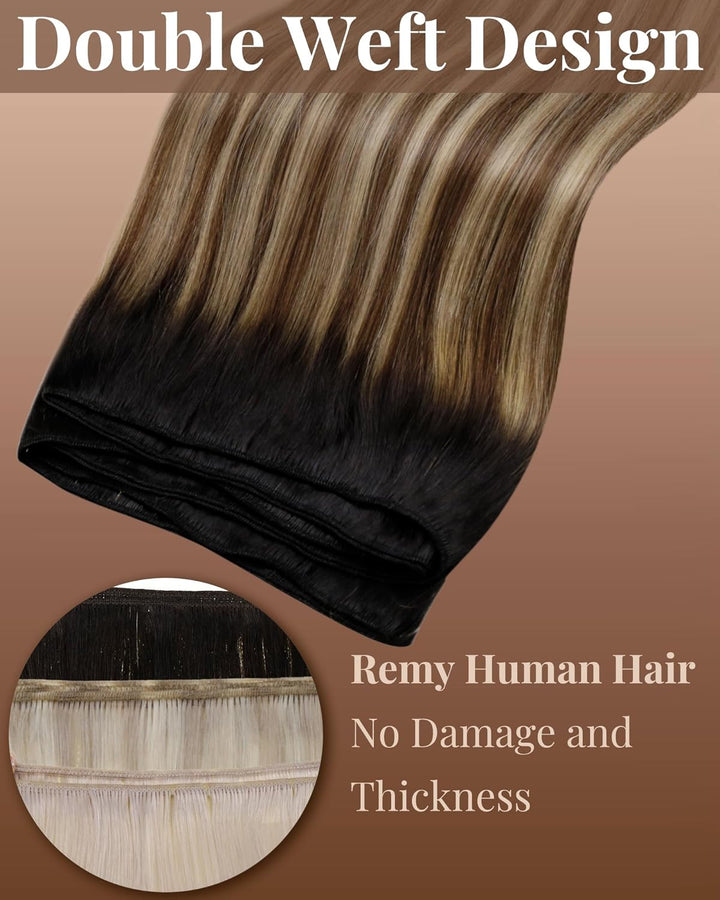 Hetto Tressen Extensions Echthaar Balayage Schwarz to Dunkel Braun and Licht Blond Weft Extensions E