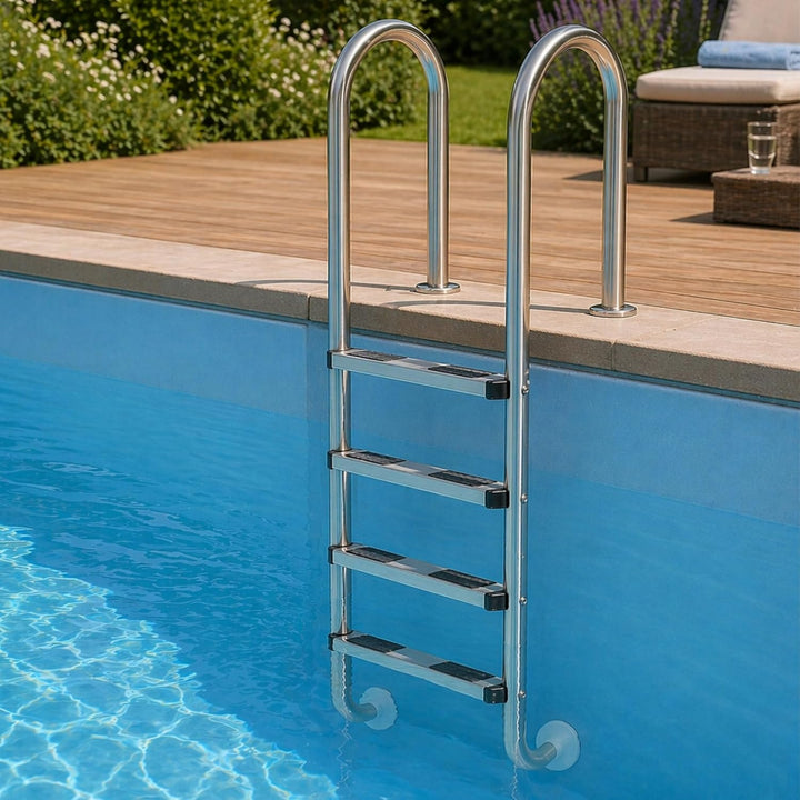 Zelsius V2A Edelstahl Poolleiter mit 4 Stufen | 50,2 x 36,5 x 183 cm - Silber | mit Rutschsicherung