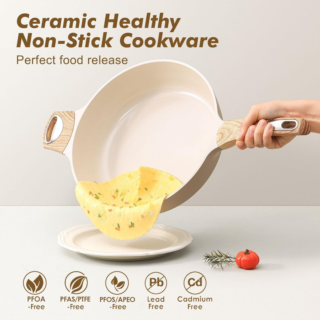 SENSARTE 30cm Beige Keramik Tiefe Bratpfanne mit Deckel, 4.7L Sautepfanne mit Deckel, Grosse Bratpfa