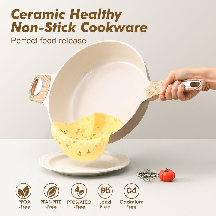 SENSARTE 30cm Beige Keramik Tiefe Bratpfanne mit Deckel, 4.7L Sautepfanne mit Deckel, Grosse Bratpfa