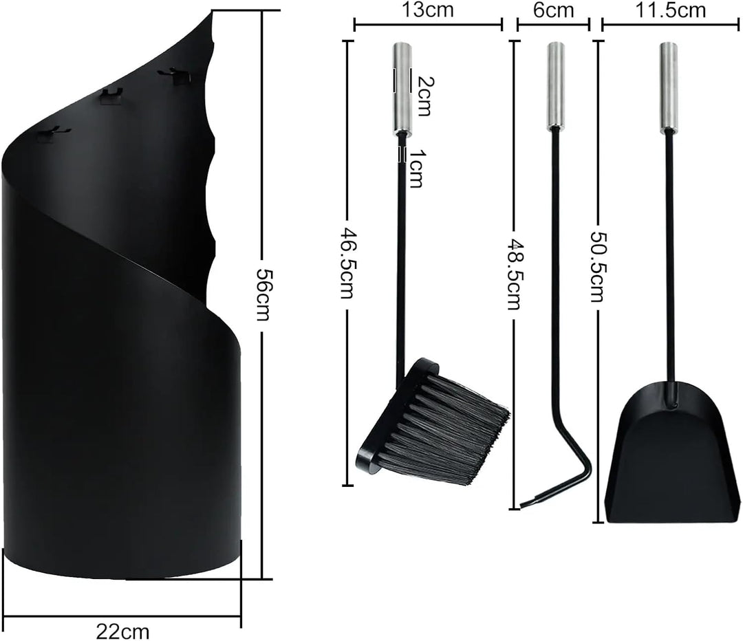 Kaminbesteck Schwarz 4-TLG. Edelstahl Kamingarnitur mit Ständer, Ascheschaufel, Besen &amp; Schürhaken –