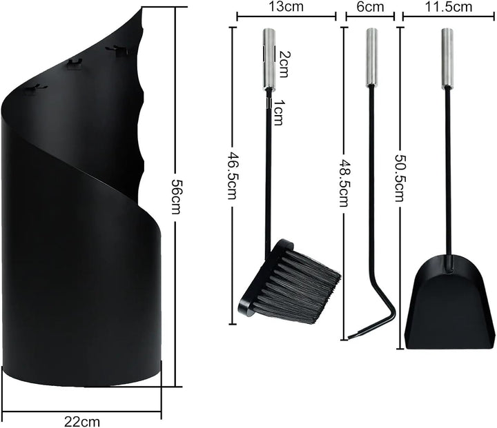 Kaminbesteck Schwarz 4-TLG. Edelstahl Kamingarnitur mit Ständer, Ascheschaufel, Besen &amp; Schürhaken –