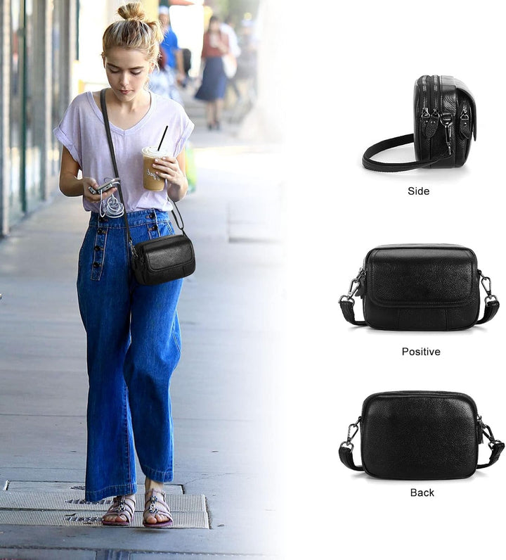 HAWEE Damen Handy Umhängetasche Echtes Leder Crossbody Schultertasche mit 3 Reissverschlüsse Kleine