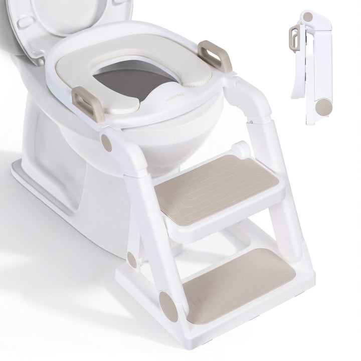 Toilettensitz Kinder mit Treppe Beige ab 1,5 Jahren - 2-in-1 Toilettentreppe für Jungen und Mädchen