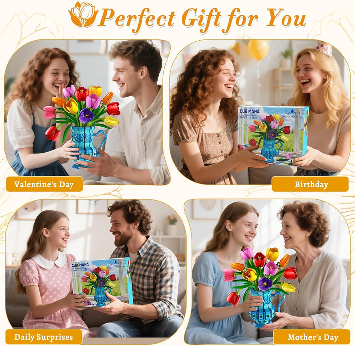Blumenstrauss Bausatz mit Vase – Tulpen Blumen Bonsai Set für Erwachsene, Geschenk zum Valentinstag