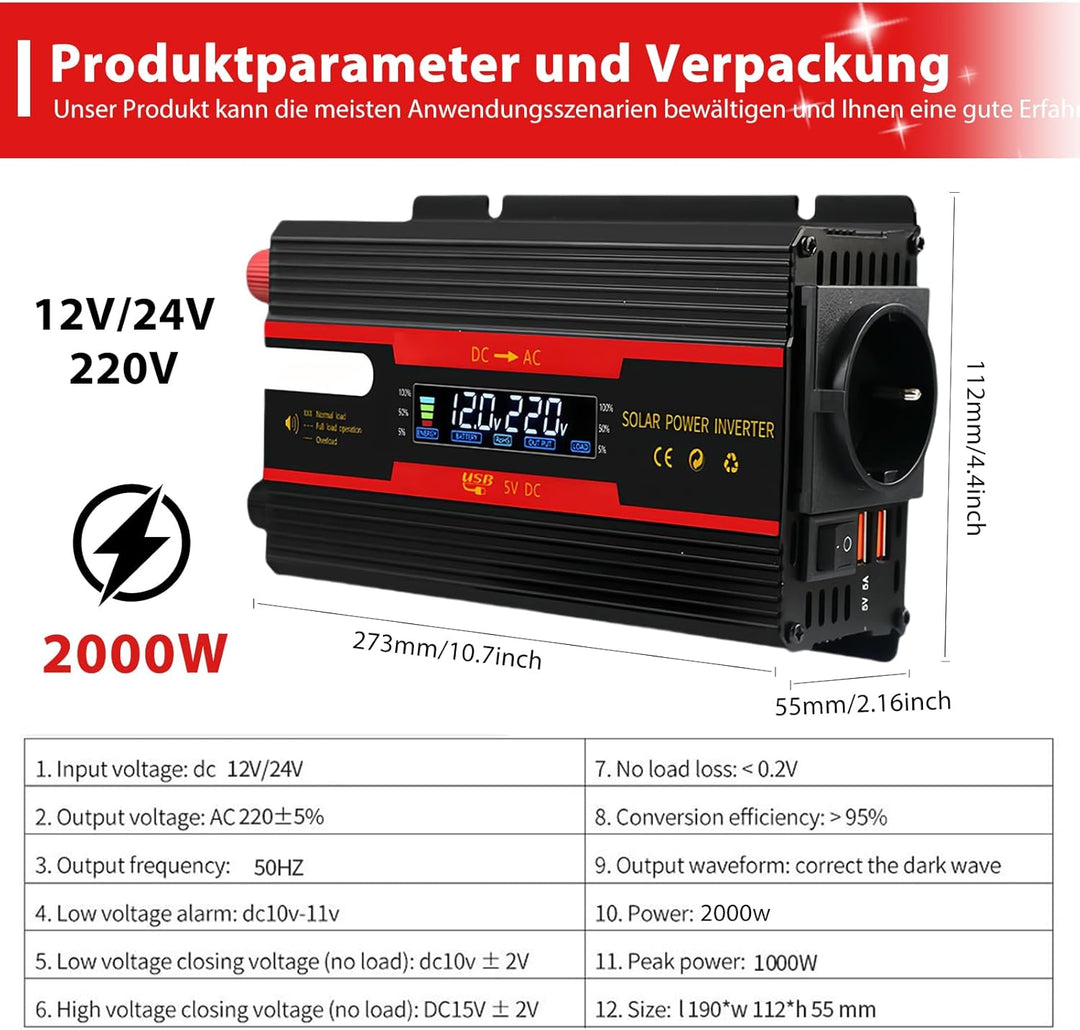 Wechselrichter Spannungswandler DC 12V / 24V auf AC 230V Modifizierte Sinuswelle Inverter 2000W mit