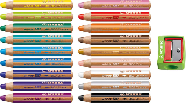 Buntstift, Wasserfarbe & Wachsmalkreide - STABILO woody 3 in 1 - 18er Pack mit Spitzer in grün, 18er