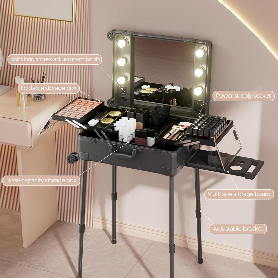 Make-up-Koffer mit Rollen aus Aluminium, grosser Spiegel mit 6 Glühbirnen, Organisation von Kosmetik