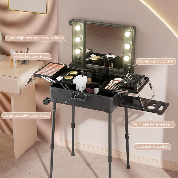 Make-up-Koffer mit Rollen aus Aluminium, grosser Spiegel mit 6 Glühbirnen, Organisation von Kosmetik