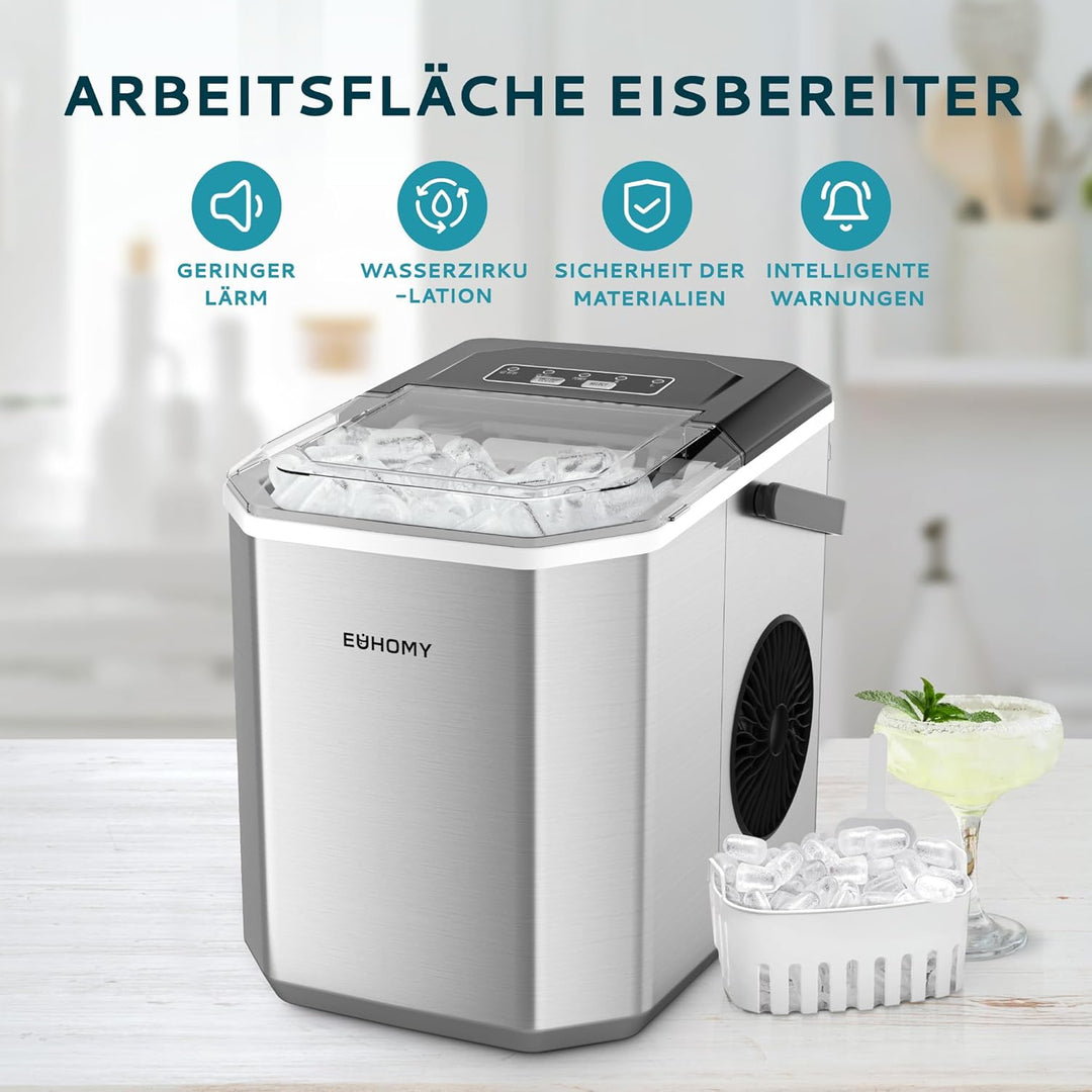 EUHOMY Eiswürfelmaschine, 9 Würfel in 6 Min, Bullet-Eismaschine, 2 Würfelgrössen, Edelstahl-Eismasch