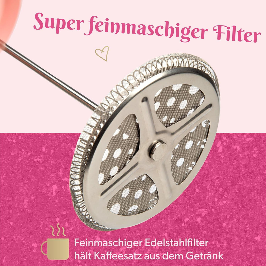 Paris Hilton – French Press im Herzdesign 1L – Kaffeepresse aus Glas und Kunststoff mit Edelstahlfil