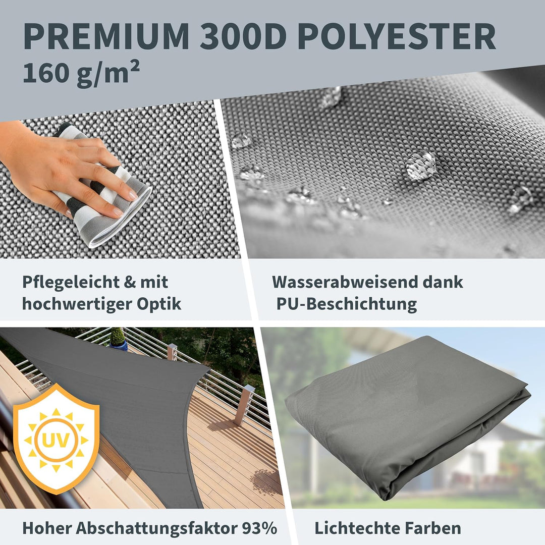 TTL GARDEN 3,6x3,6x3,6m Sonnensegel Dreieck gleichseitig anthrazit - Premium Polyester 300D 160g/m²
