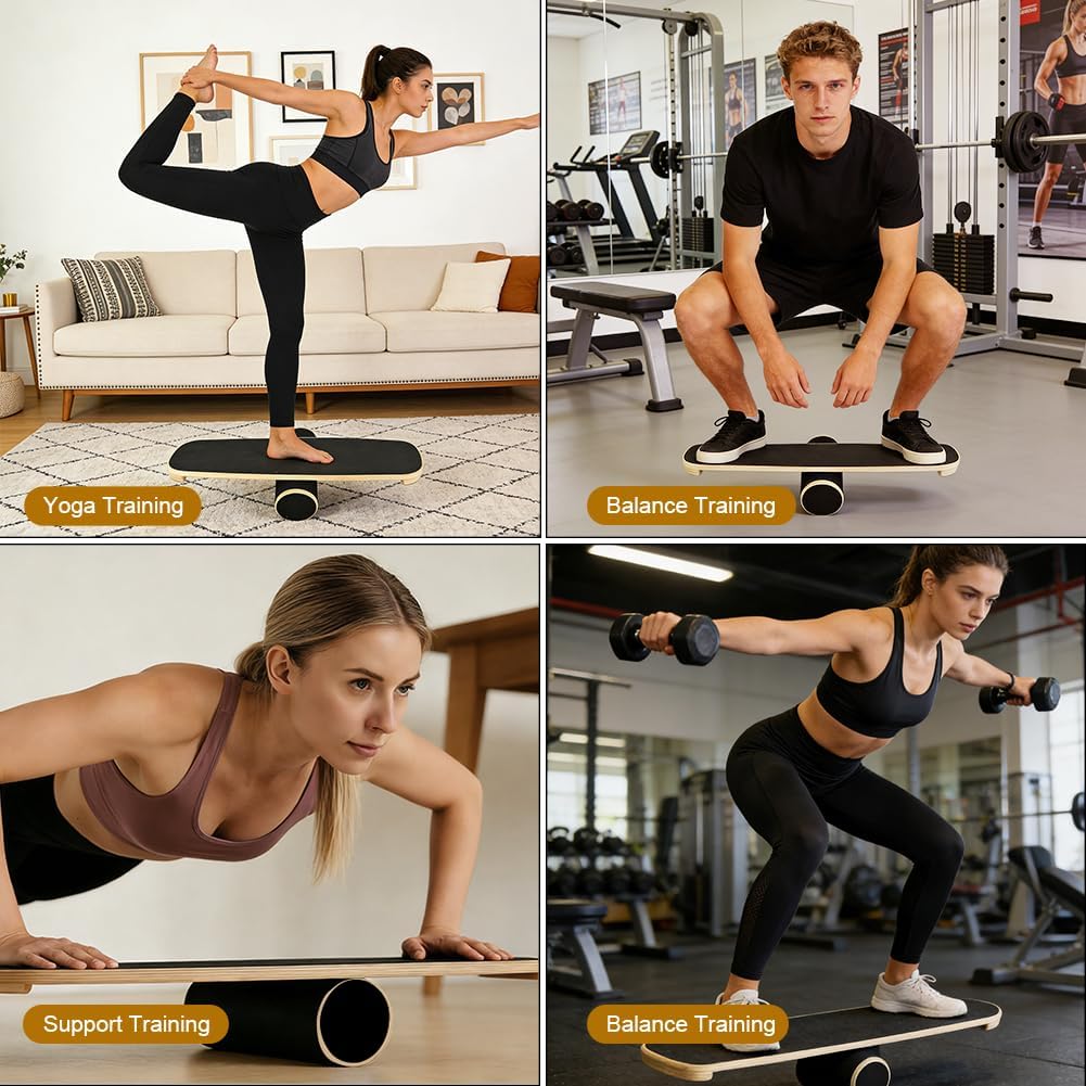 Balance Board, Holz-Gleichgewichtsboard mit verstellbaren Stoppern und Korkrolle – Ideal für Hockey,