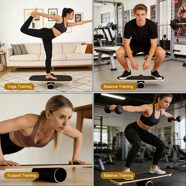 Balance Board, Holz-Gleichgewichtsboard mit verstellbaren Stoppern und Korkrolle – Ideal für Hockey,