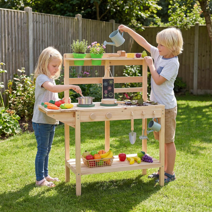 COSTWAY Matschküche Kinder Outdoor, Kinderküche Holz mit Herd, Spüle & Tafel, Spielküche mit Pflanzk