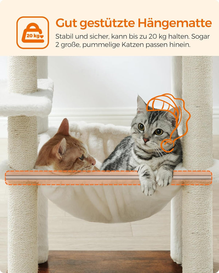Feandrea Kratzbaum, 138 cm Katzenbaum, modern, mehrstöckiger Katzenkratzbaum, Kuschelhöhle, Sisalstä