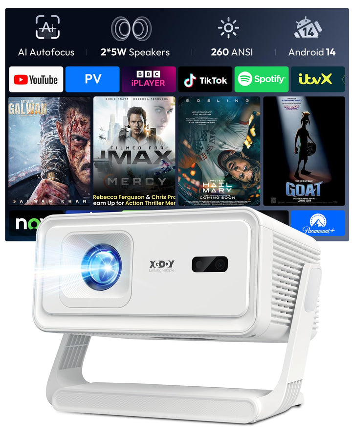 Xgody A1 Smart Beamer Heimkino Projector, Unterstützt 4K 1080P Projektor mit WiFi 6 und Bluetooth 5.