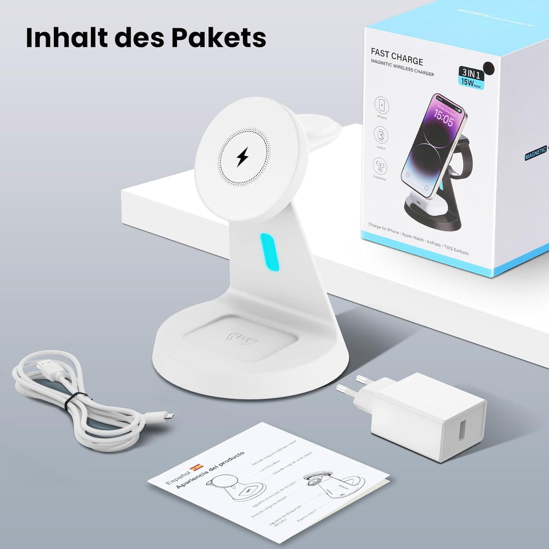 3 In 1 Kabelloses Ladegerät für Mag-Safe: JoyGeek Induktive Ladestation für Apple Watch und iPhone,