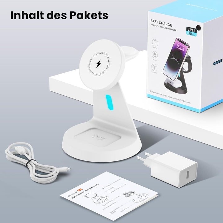 3 In 1 Kabelloses Ladegerät für Mag-Safe: JoyGeek Induktive Ladestation für Apple Watch und iPhone,
