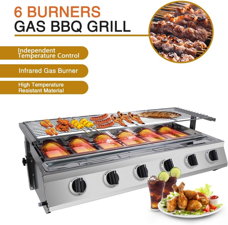 6 burner BBQ grill Outdoor Smokeless LPG Gas grill Stainless Steel Glass Shield Net Size 78cm*25cm A