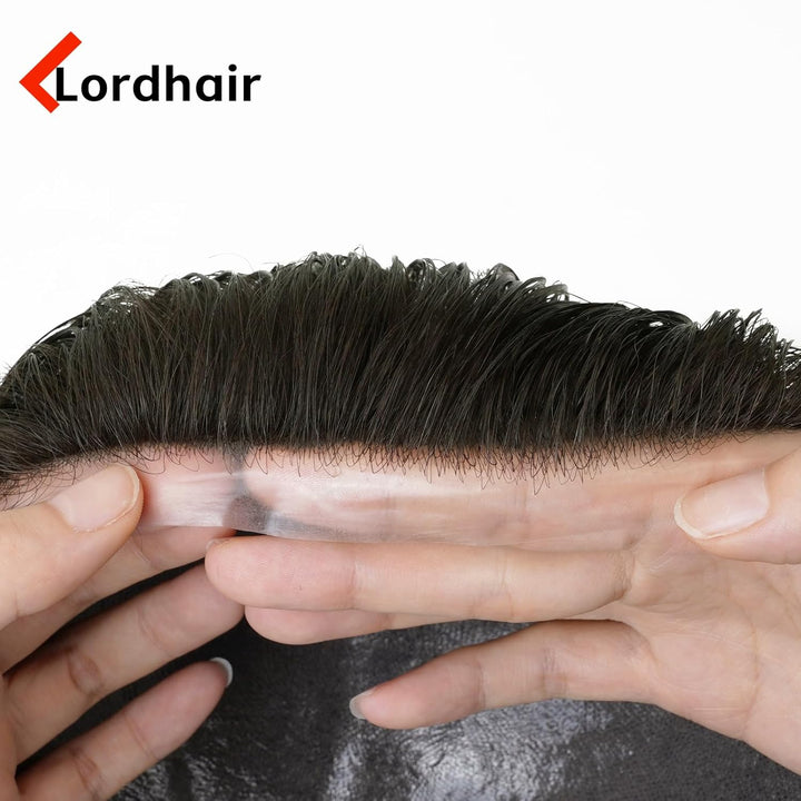 Lordhair Perücke für Herren, Toupet Herren aus natürlichem Echthaar, 0,08 mm vorn, 1/2 Zoll, V-loope