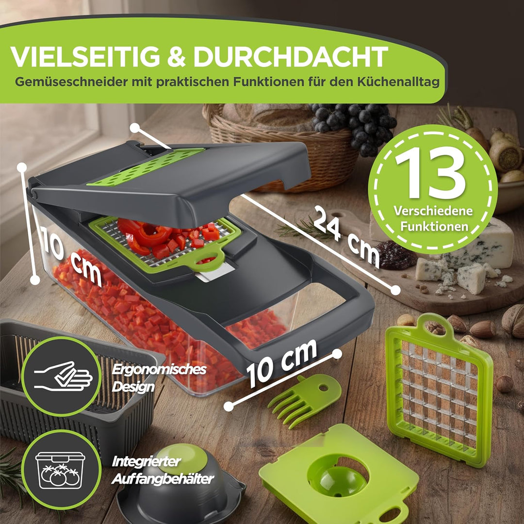Gemüseschneider Multifunktion 13-in-1 mit Auffangbehälter, Mandoline Hobel, Zwiebelschneider, Würfel