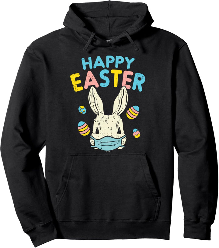 Happy Easter Bunny Wearing Face Mask Eggs Funny Quarantine Pullover Hoodie