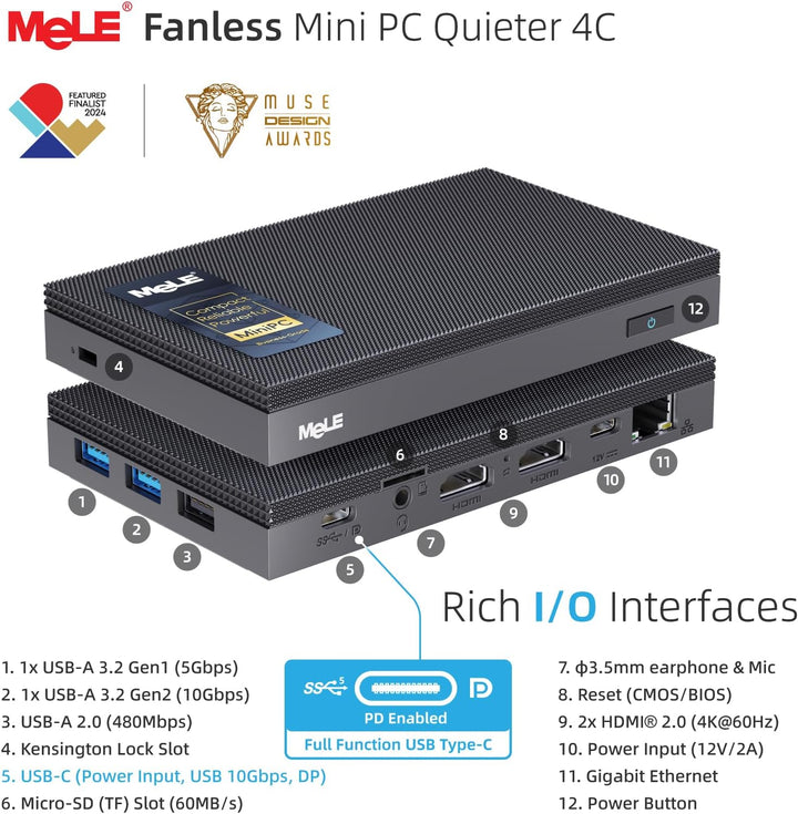 MeLE Mini PC Quieter 4C lüfterloser PC, N100 16GB RAM 512GB ROM, Win11 Pro, Vollfunktionsfähiges USB
