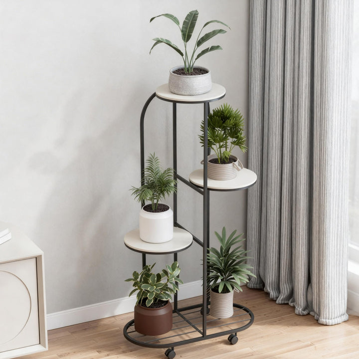 GarveeHome 4-Etagen Rollbarer Pflanzenständer, Höhenverstellbarer Blumenständer mit Rädern, Stabiler