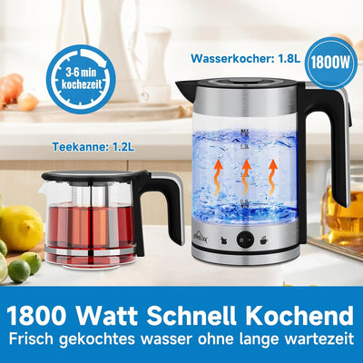 HOMELUX Glas Wasserkocher 1.8L + 1.2L Teekannen 1800W Wasserkocher mit Heizfunktion und Teetrichter,