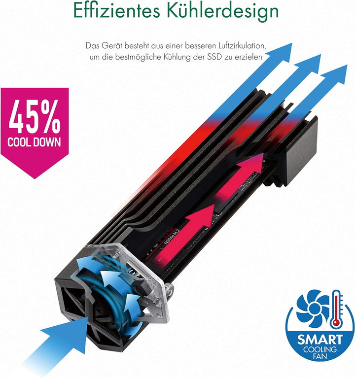 ICY Box M.2 NVMe Gehäuse mit Lüfter, RGB Beleuchtung, USB 3.1 Gen2 (10 Gbit/s), für M.2 SSD, Alumini