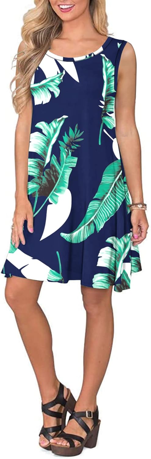 WNEEDU lässiges Sommerkleid Damen Ärmellose Tank Strandkleider T-Shirt Kleid mit Taschen Druck Blau