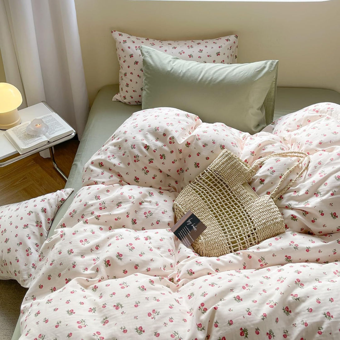 Freyamy Blumen Bettwäsche 135x200cm 2teilig Beige Rot Grün Floral Mädchen Wende Bettwaren-Sets Blume