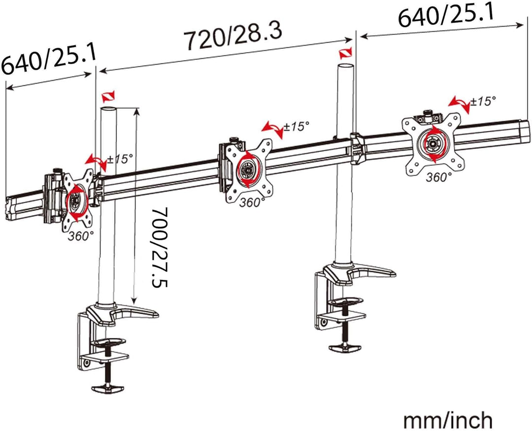 HFTEK 3-Fach-Monitorarm-Halterung Halter Tischhalterung für 3 Monitore von 15 – 34 Zoll mit Tisch-Kl