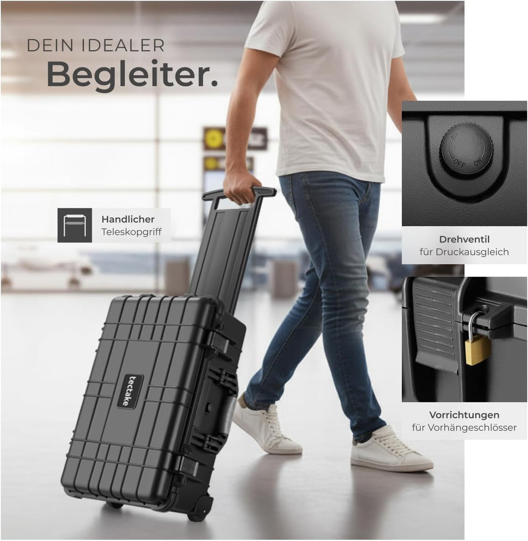 tectake® Transportkoffer leer mit Schaumstoff, Universalkoffer mit Rollen, wasserdichter Koffer, Tro