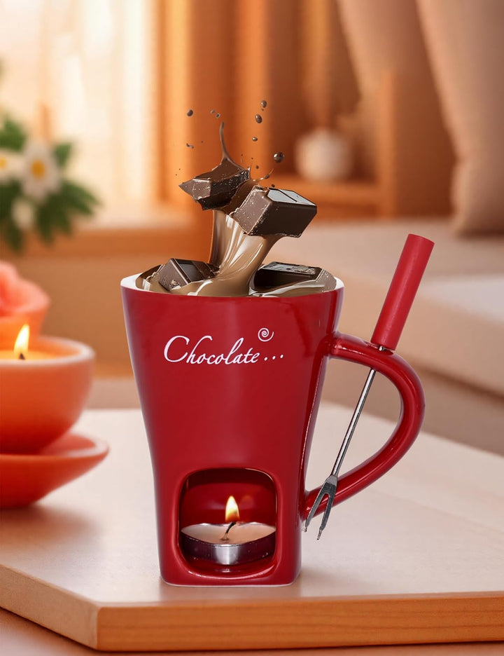 Keramik Schokofondue Tasse Set mit Mit Gabel - 200ml, Rot, Rot