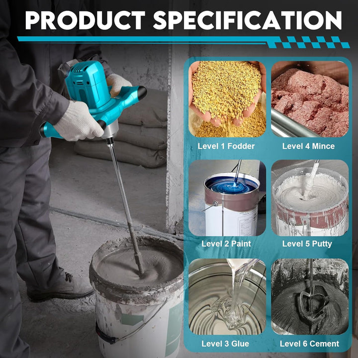 Akku Rührwerk für Farbe und Beton, Kompatibel mit Makita 18V Akku, Elektrischer Mörtelrührer mit 6 G