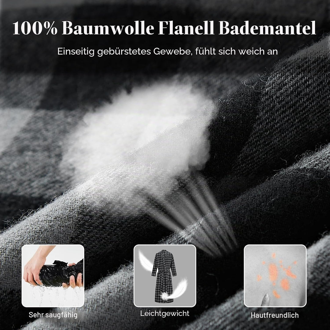 FashGudim Bademantel Herren 100% Baumwolle Lang Kariert Herren Morgenmantel Leicht Sommer XL Schwarz
