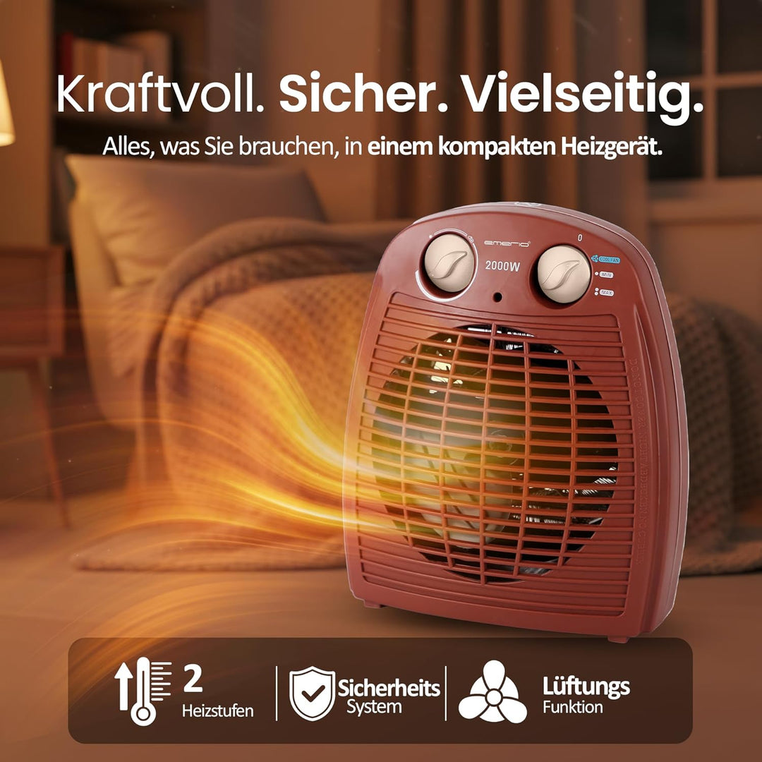 EMERIO Heizlüfter 2000W | klein leicht kompakt portabel | für ca. 25m² | 2 Heizleistungen + Ventilat