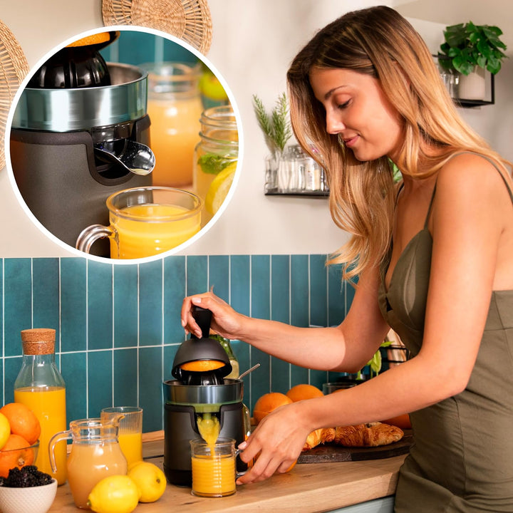 Cecotec Elektrische Hebel-Zitruspresse für Orangen und Zitrusfrüchte EssentialVita Hyden 120 Hybrid.