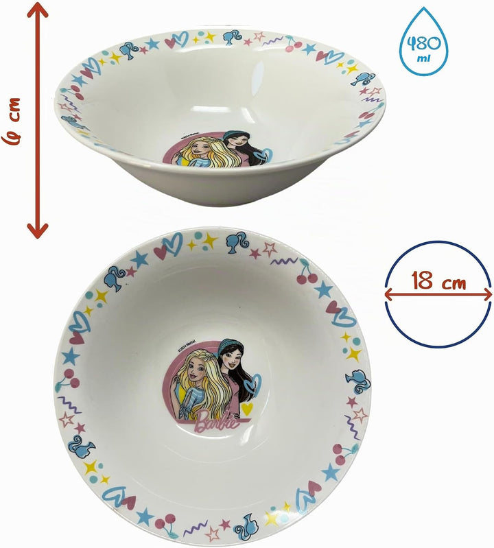CARTOON Set 3-teilig aus Keramik Barbie Tasse Müslischale Teller Kindergeschirr Tischservice im Set,
