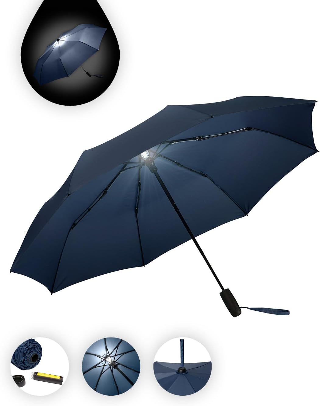 FARE Oversize-Taschenschirm Skylight (marine) - Effektvoller Regenschirm mit LED-Innenbeleuchtung un