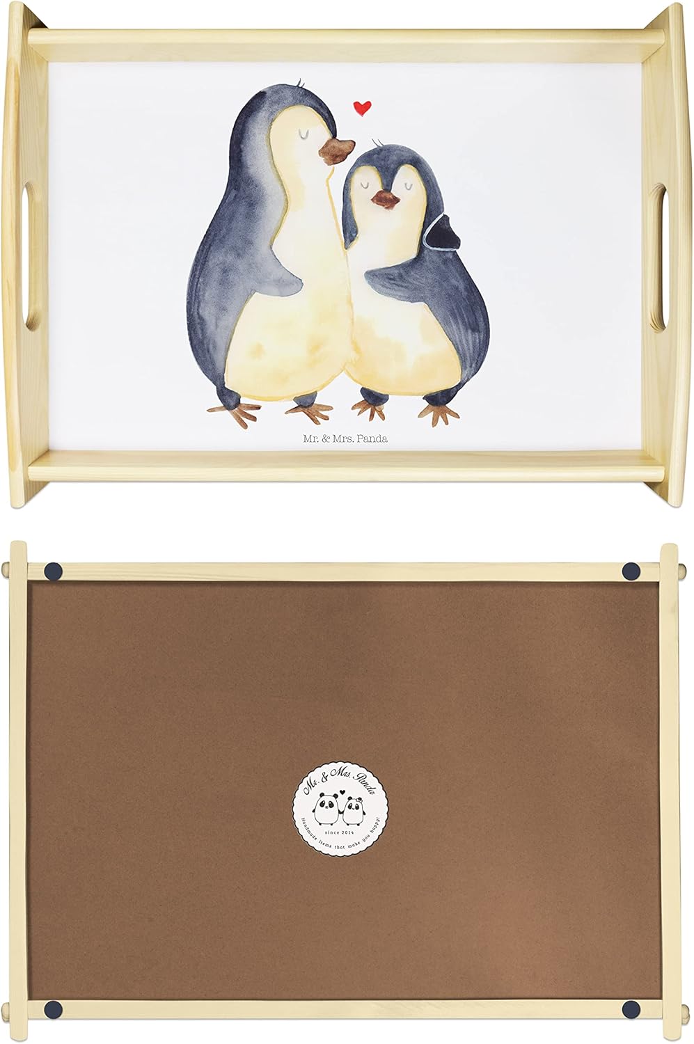 Mr. & Mrs. Panda Serviertablett Pinguin umarmend - Geschenk, Holztablett, Frühstückstablett, glückli