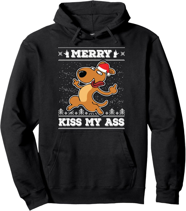 Merry Kiss My Ass Hund Santa Claus Ugly Christmas Sweater Pullover Hoodie